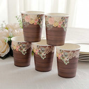 24 Rustic Wood Print Paper Cups with Floral Lace Rim - Brown DSP_PCUP_021_9_WHTBN