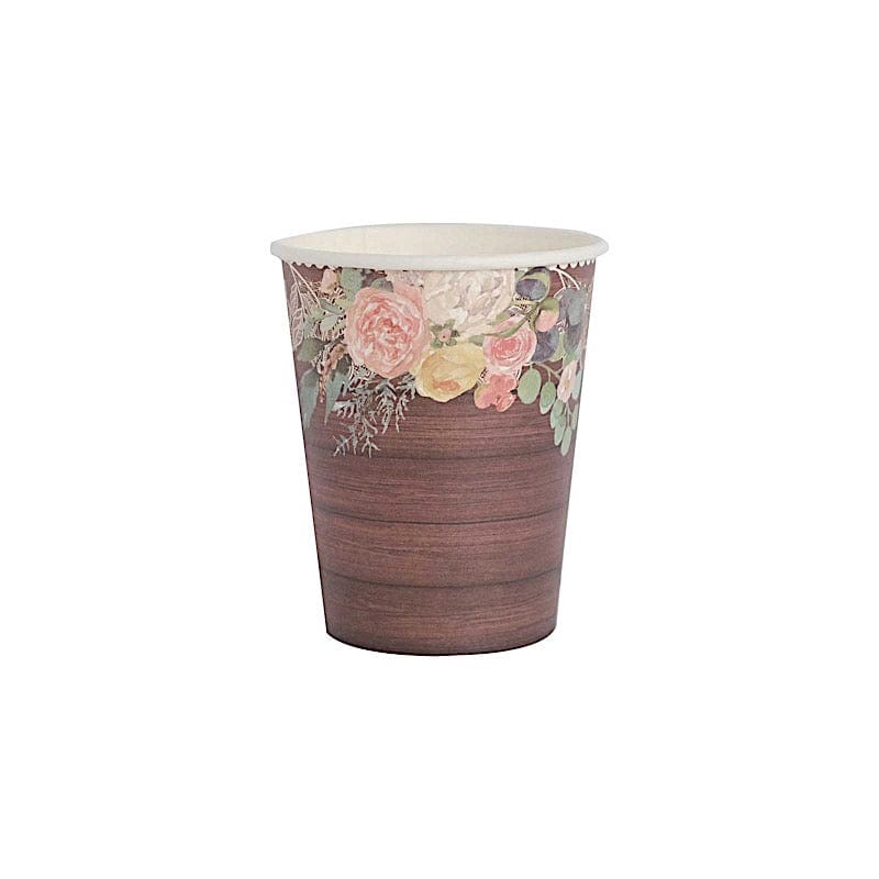24 Rustic Wood Print Paper Cups with Floral Lace Rim - Brown DSP_PCUP_021_9_WHTBN