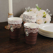 24 Rustic Wood Print Paper Cups with Floral Lace Rim - Brown DSP_PCUP_021_9_WHTBN