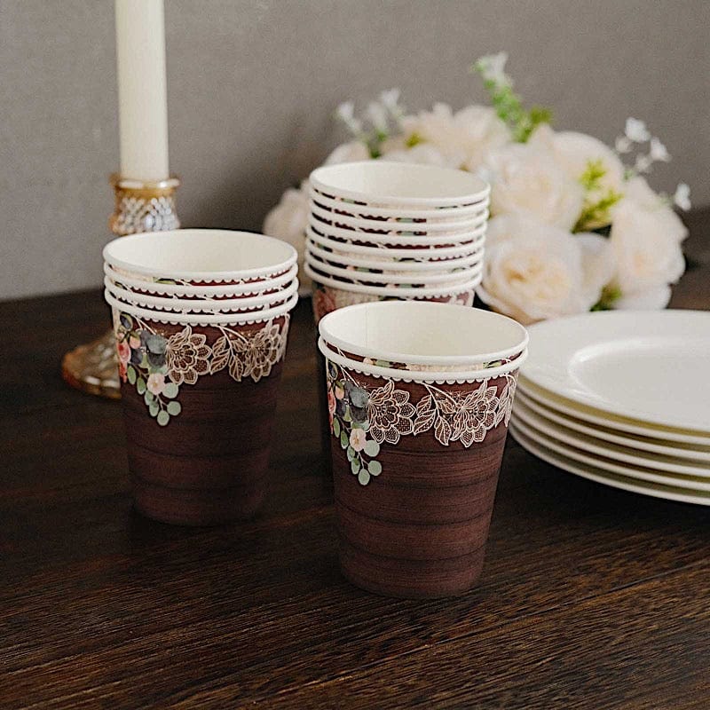 24 Rustic Wood Print Paper Cups with Floral Lace Rim - Brown DSP_PCUP_021_9_WHTBN