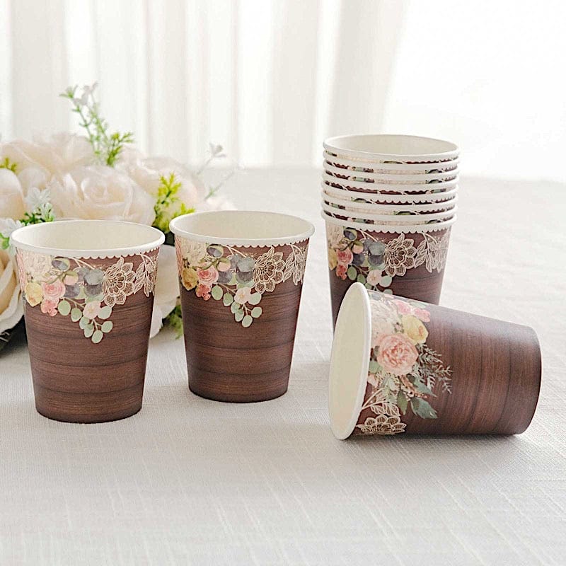 24 Rustic Wood Print Paper Cups with Floral Lace Rim - Brown DSP_PCUP_021_9_WHTBN