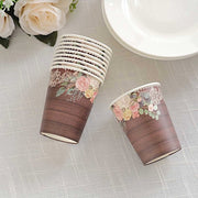 24 Rustic Wood Print Paper Cups with Floral Lace Rim - Brown DSP_PCUP_021_9_WHTBN