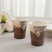 24 Rustic Wood Print Paper Cups with Floral Lace Rim - Brown DSP_PCUP_021_9_WHTBN