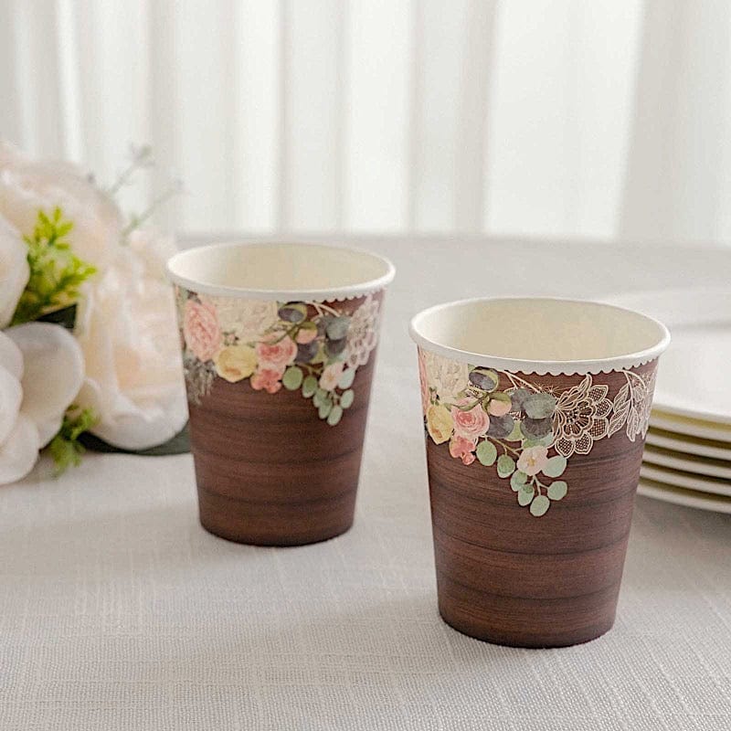 24 Rustic Wood Print Paper Cups with Floral Lace Rim - Brown DSP_PCUP_021_9_WHTBN