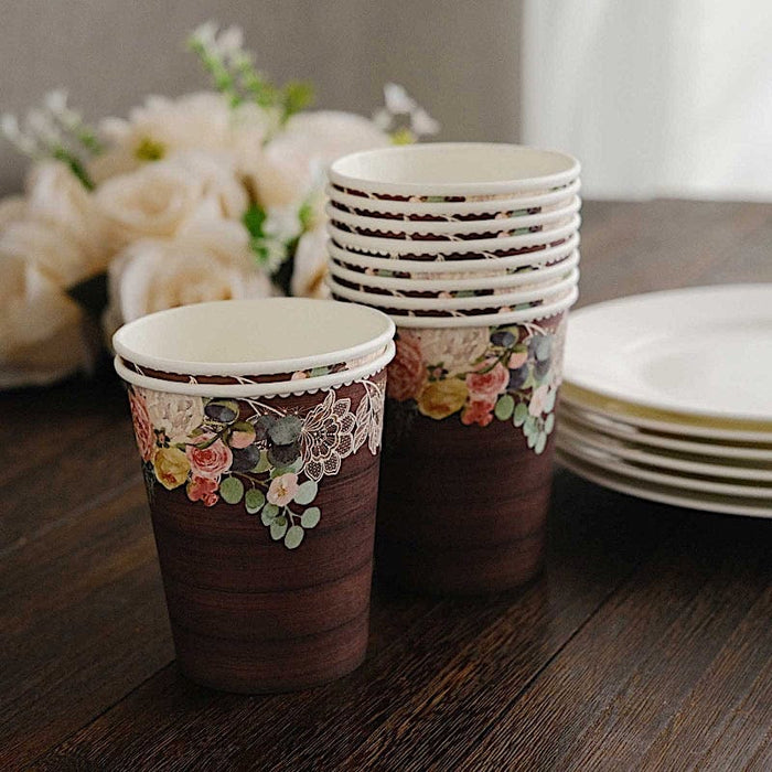 24 Rustic Wood Print Paper Cups with Floral Lace Rim - Brown DSP_PCUP_021_9_WHTBN