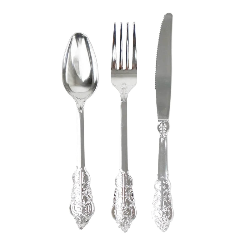 24 Silver Baroque Style Heavy Duty Plastic Cutlery Spoons Forks and Knives Set - Disposable Tableware DSP_YY0001_7_SILV