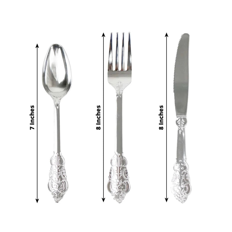 24 Silver Baroque Style Heavy Duty Plastic Cutlery Spoons Forks and Knives Set - Disposable Tableware DSP_YY0001_7_SILV