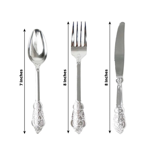 24 Silver Baroque Style Heavy Duty Plastic Cutlery Spoons Forks and Knives Set - Disposable Tableware DSP_YY0001_7_SILV