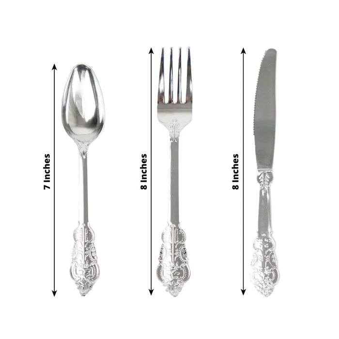 24 Silver Baroque Style Heavy Duty Plastic Cutlery Spoons Forks and Knives Set - Disposable Tableware DSP_YY0001_7_SILV