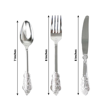 24 Silver Baroque Style Heavy Duty Plastic Cutlery Spoons Forks and Knives Set - Disposable Tableware DSP_YY0001_7_SILV
