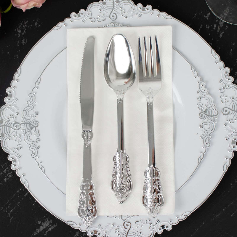 24 Silver Baroque Style Heavy Duty Plastic Cutlery Spoons Forks and Knives Set - Disposable Tableware DSP_YY0001_7_SILV