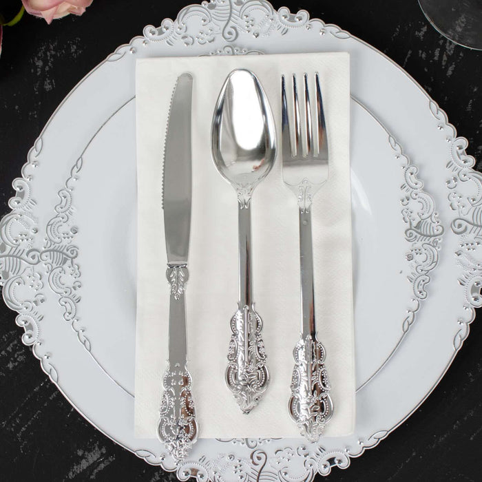 24 Silver Baroque Style Heavy Duty Plastic Cutlery Spoons Forks and Knives Set - Disposable Tableware DSP_YY0001_7_SILV