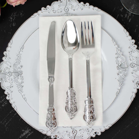 24 Silver Baroque Style Heavy Duty Plastic Cutlery Spoons Forks and Knives Set - Disposable Tableware DSP_YY0001_7_SILV