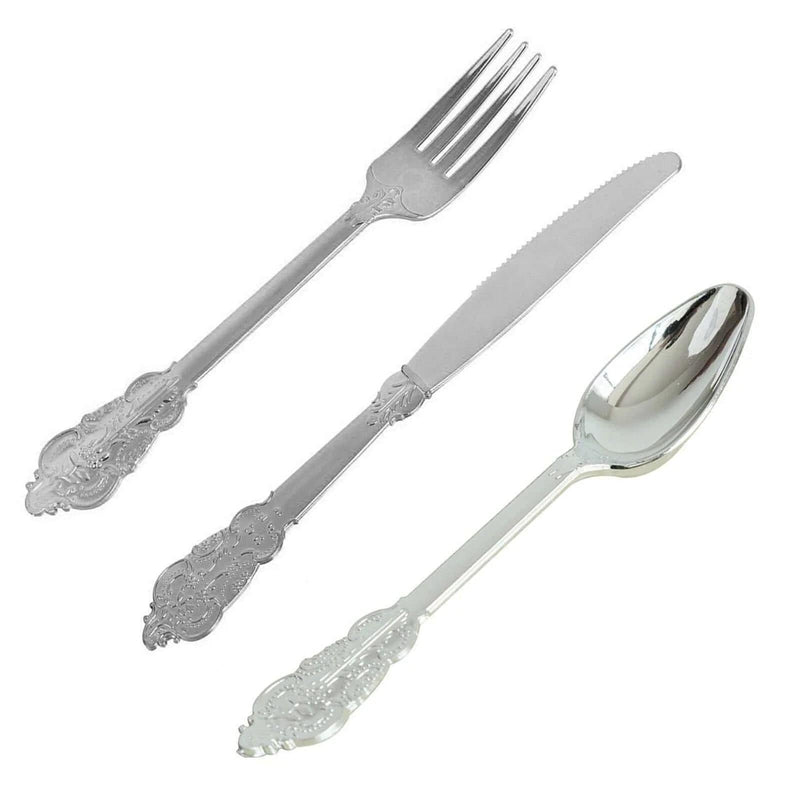 24 Silver Baroque Style Heavy Duty Plastic Cutlery Spoons Forks and Knives Set - Disposable Tableware DSP_YY0001_7_SILV
