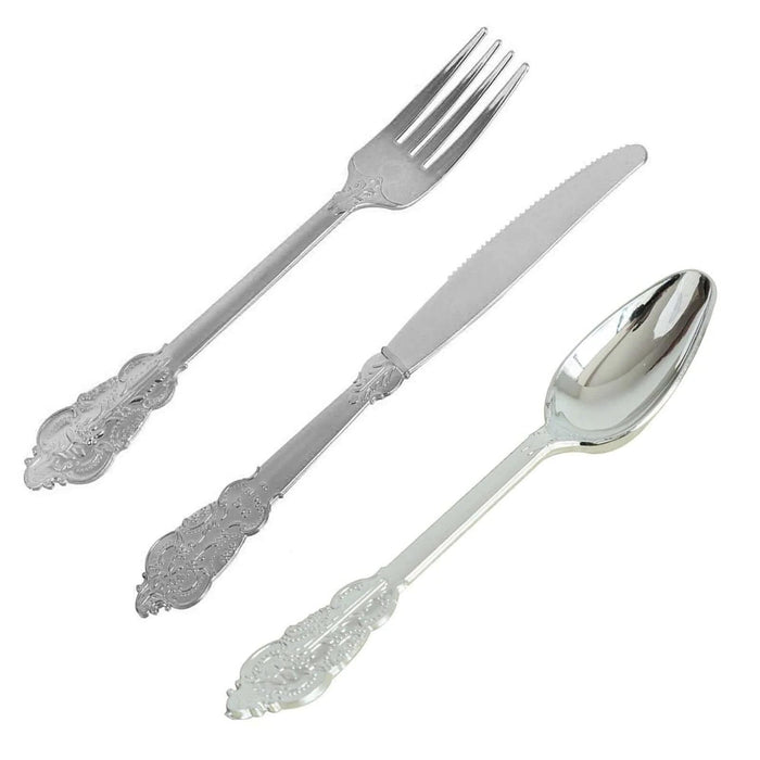 24 Silver Baroque Style Heavy Duty Plastic Cutlery Spoons Forks and Knives Set - Disposable Tableware DSP_YY0001_7_SILV