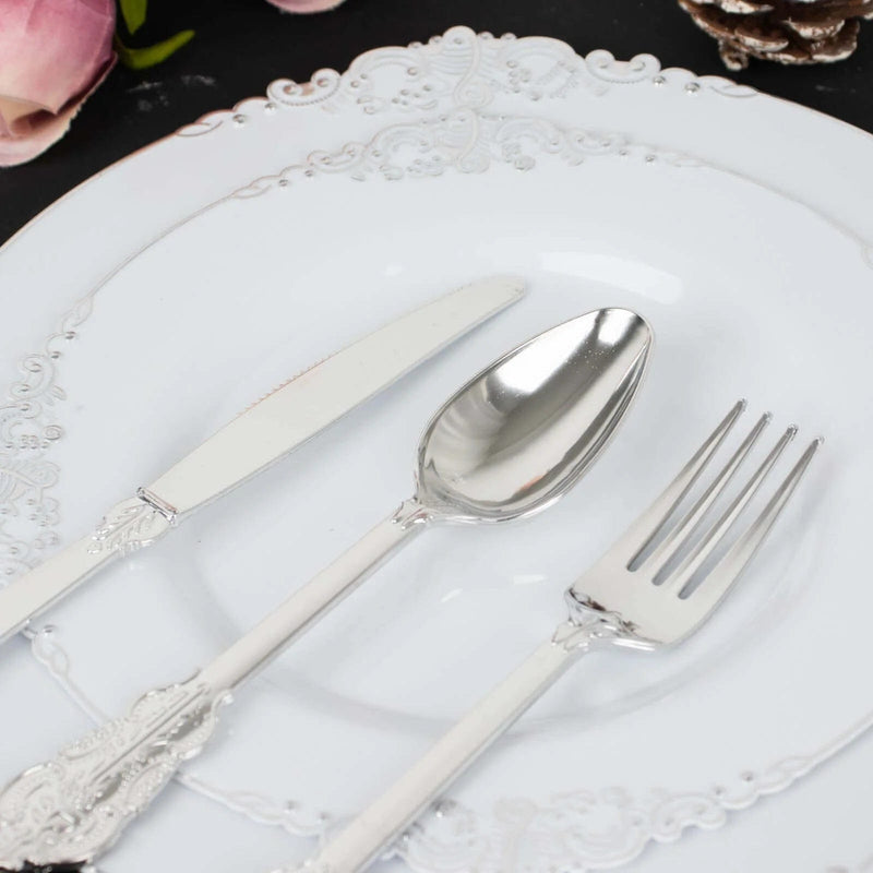 24 Silver Baroque Style Heavy Duty Plastic Cutlery Spoons Forks and Knives Set - Disposable Tableware DSP_YY0001_7_SILV