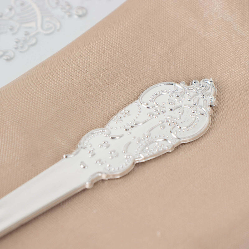 24 Silver Baroque Style Heavy Duty Plastic Cutlery Spoons Forks and Knives Set - Disposable Tableware DSP_YY0001_7_SILV