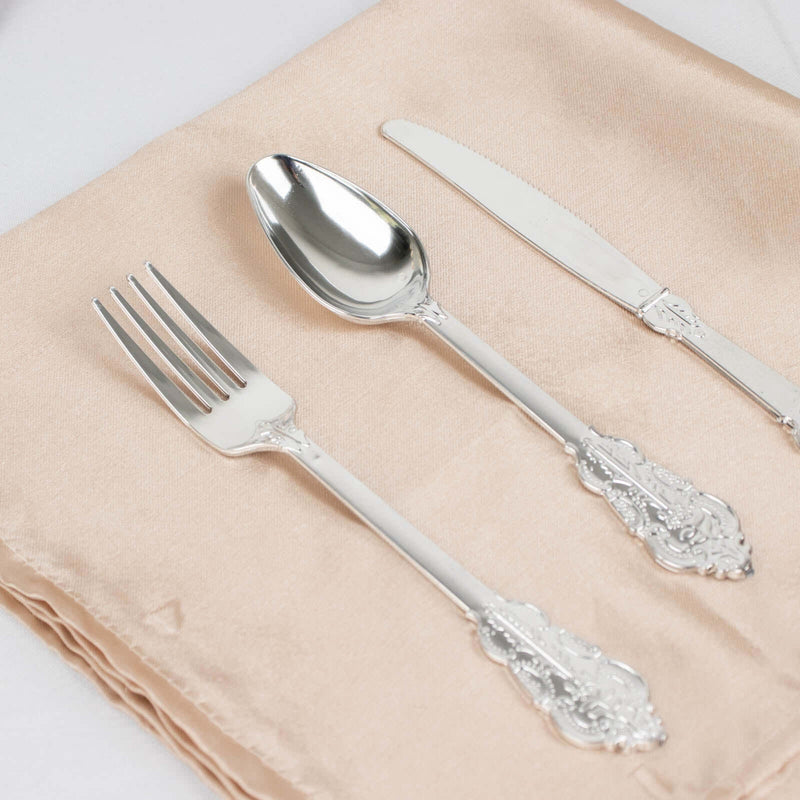 24 Silver Baroque Style Heavy Duty Plastic Cutlery Spoons Forks and Knives Set - Disposable Tableware DSP_YY0001_7_SILV