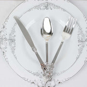 24 Silver Baroque Style Heavy Duty Plastic Cutlery Spoons Forks and Knives Set - Disposable Tableware DSP_YY0001_7_SILV