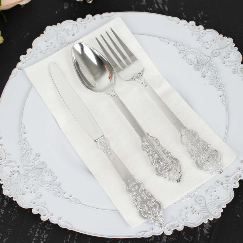 24 Silver Baroque Style Heavy Duty Plastic Cutlery Spoons Forks and Knives Set - Disposable Tableware DSP_YY0001_7_SILV