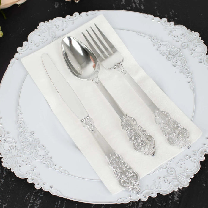 24 Silver Baroque Style Heavy Duty Plastic Cutlery Spoons Forks and Knives Set - Disposable Tableware DSP_YY0001_7_SILV