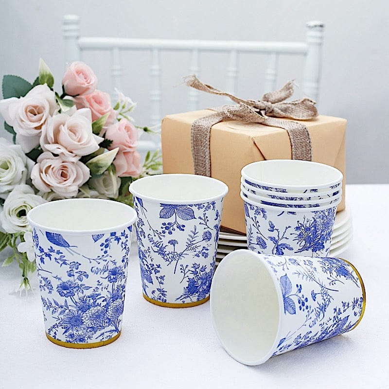 24 White 9 oz Blue Floral Design Paper Cups with Gold Rim - Disposable Tableware DSP_PCUP_016_9_BLUE