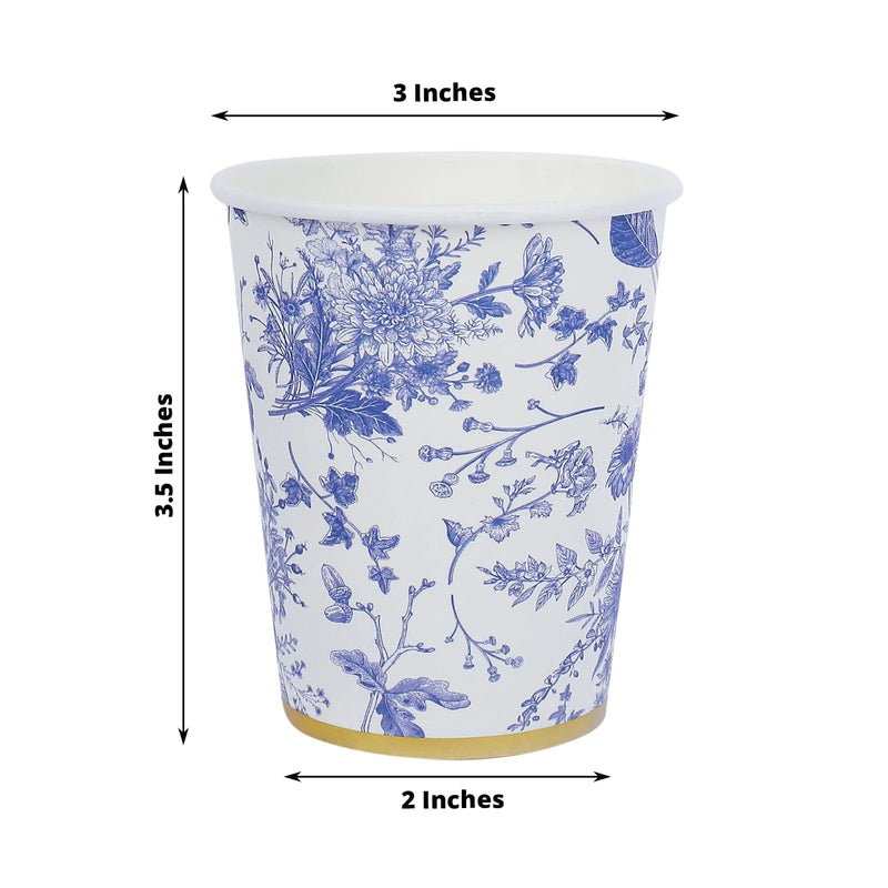 24 White 9 oz Blue Floral Design Paper Cups with Gold Rim - Disposable Tableware DSP_PCUP_016_9_BLUE