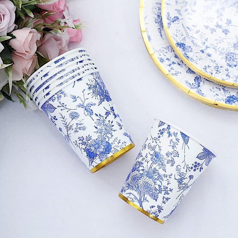 24 White 9 oz Blue Floral Design Paper Cups with Gold Rim - Disposable Tableware DSP_PCUP_016_9_BLUE