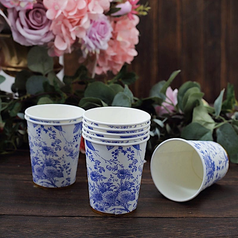 24 White 9 oz Blue Floral Design Paper Cups with Gold Rim - Disposable Tableware DSP_PCUP_016_9_BLUE