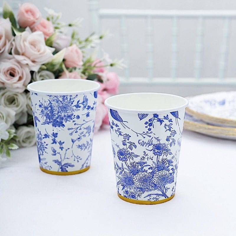 24 White 9 oz Blue Floral Design Paper Cups with Gold Rim - Disposable Tableware DSP_PCUP_016_9_BLUE