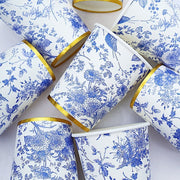 24 White 9 oz Blue Floral Design Paper Cups with Gold Rim - Disposable Tableware DSP_PCUP_016_9_BLUE
