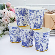24 White 9 oz Blue Floral Design Paper Cups with Gold Rim - Disposable Tableware DSP_PCUP_016_9_BLUE
