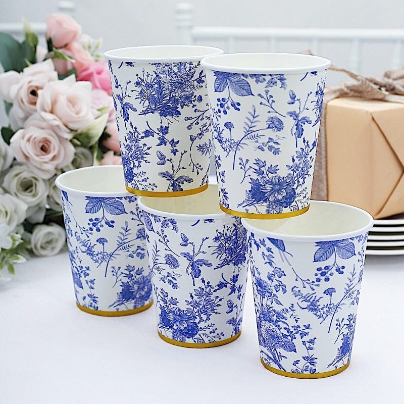 24 White 9 oz Blue Floral Design Paper Cups with Gold Rim - Disposable Tableware DSP_PCUP_016_9_BLUE
