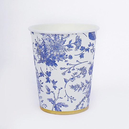 24 White 9 oz Blue Floral Design Paper Cups with Gold Rim - Disposable Tableware DSP_PCUP_016_9_BLUE