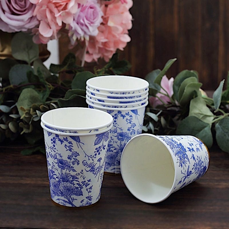 24 White 9 oz Blue Floral Design Paper Cups with Gold Rim - Disposable Tableware DSP_PCUP_016_9_BLUE