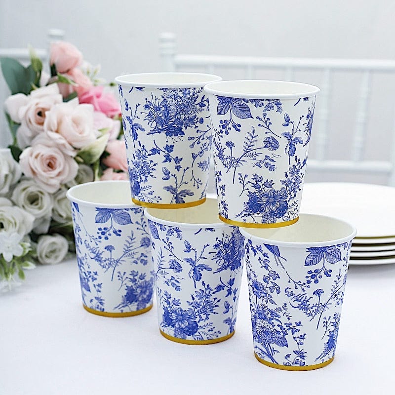 24 White 9 oz Blue Floral Design Paper Cups with Gold Rim - Disposable Tableware DSP_PCUP_016_9_BLUE