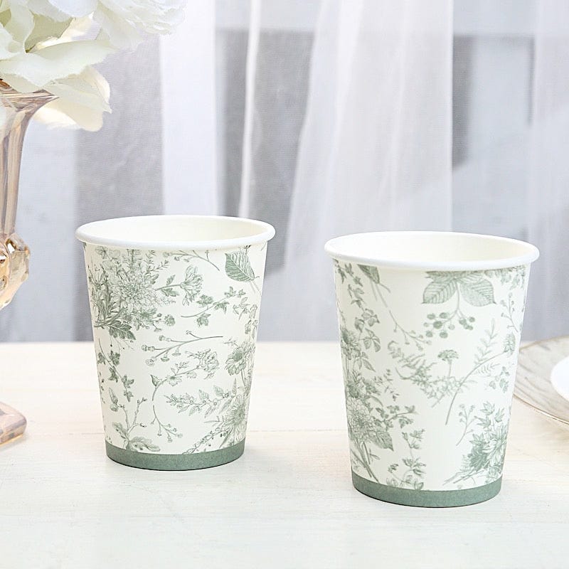 24 White Sage Green French Toile Paper Cups - Disposable Tableware DSP_PCUP_016_9_SAGE