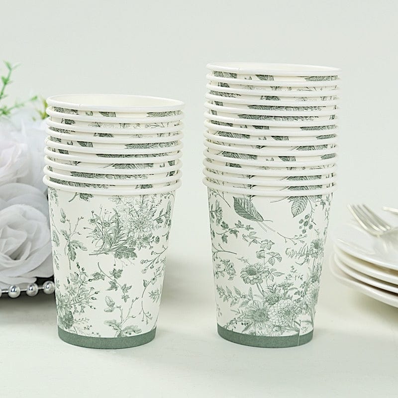 24 White Sage Green French Toile Paper Cups - Disposable Tableware DSP_PCUP_016_9_SAGE