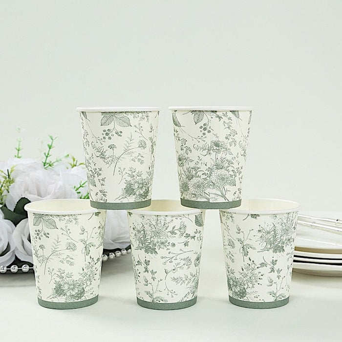 24 White Sage Green French Toile Paper Cups - Disposable Tableware DSP_PCUP_016_9_SAGE