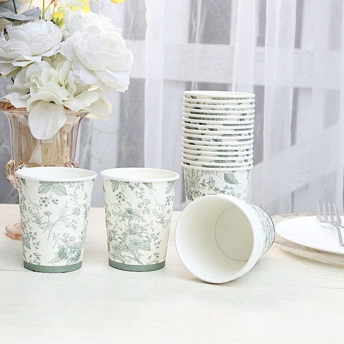 24 White Sage Green French Toile Paper Cups - Disposable Tableware DSP_PCUP_016_9_SAGE