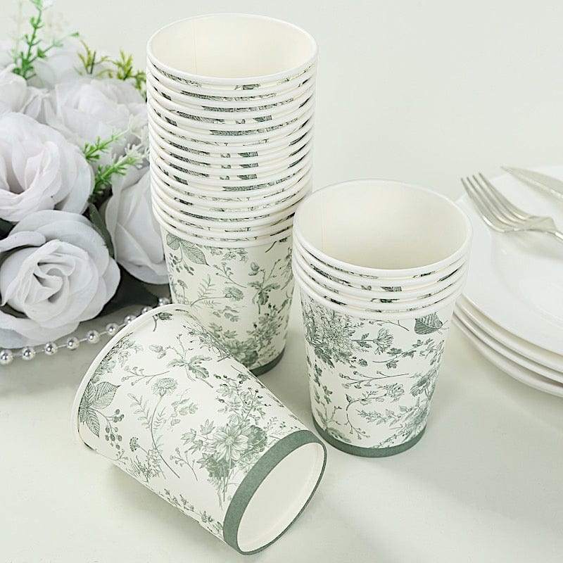 24 White Sage Green French Toile Paper Cups - Disposable Tableware DSP_PCUP_016_9_SAGE