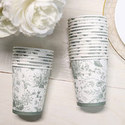 24 White Sage Green French Toile Paper Cups - Disposable Tableware DSP_PCUP_016_9_SAGE