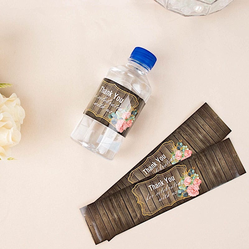 24 Wood Print with Thank You Stickers Party Water Bottle Labels - Dark Brown STK_BOTT_TYCLB02_BRN