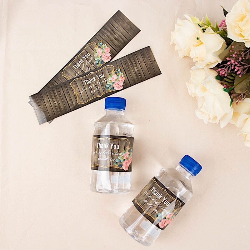 24 Wood Print with Thank You Stickers Party Water Bottle Labels - Dark Brown STK_BOTT_TYCLB02_BRN