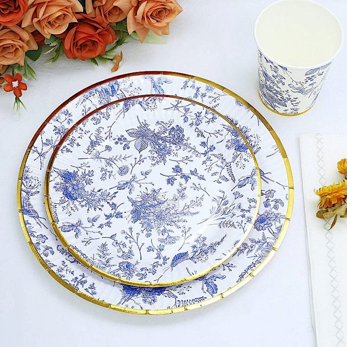 25 Blue Floral Round Paper Plates with Gold Rim - Disposable Tableware