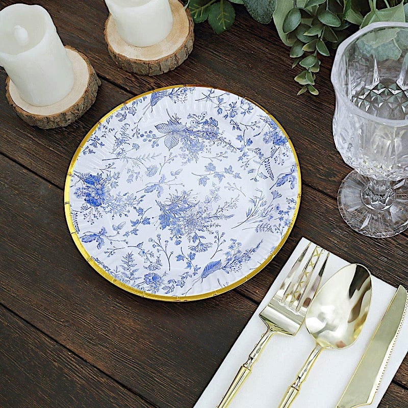 25 Blue Floral Round Paper Plates with Gold Rim - Disposable Tableware