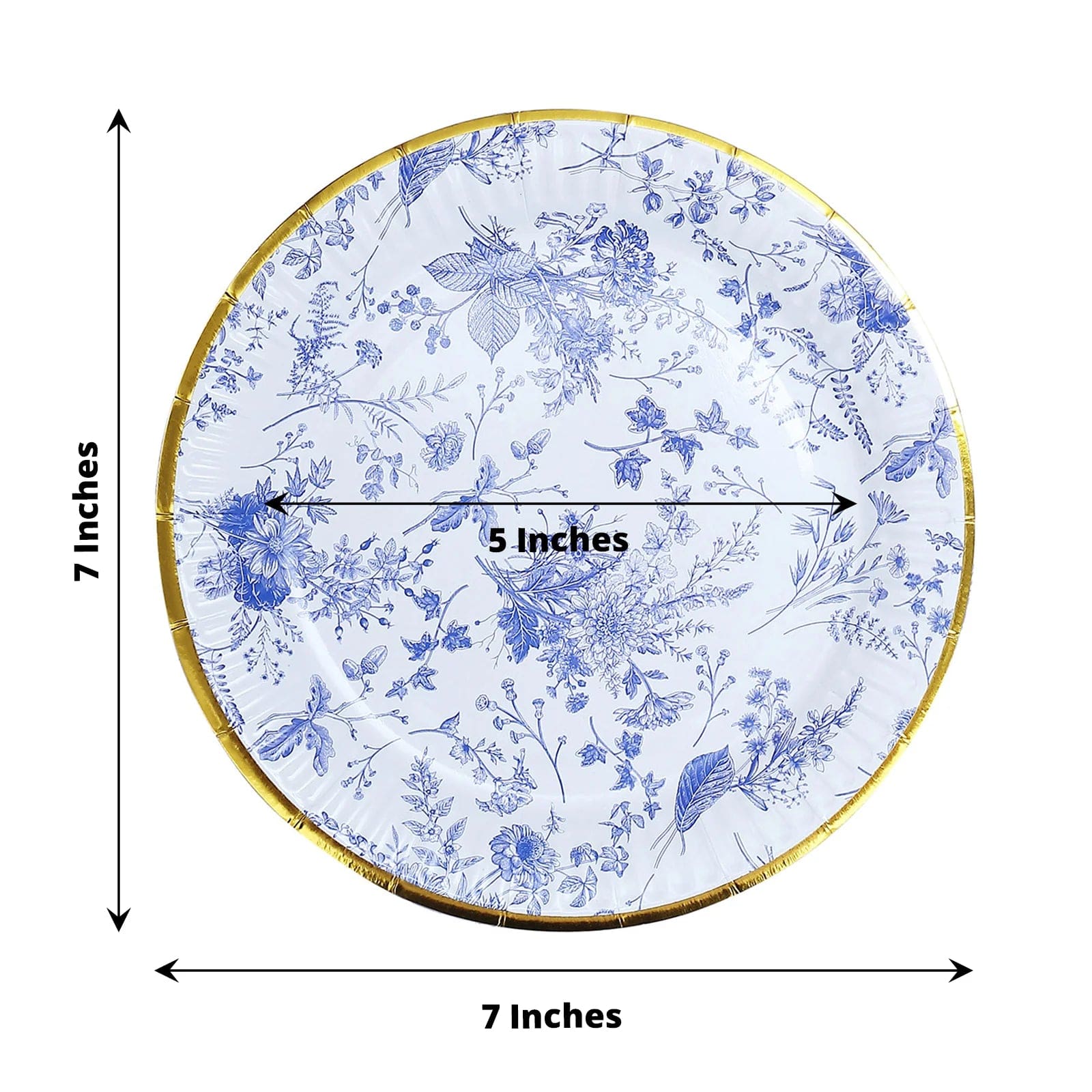 25 Blue Floral Round Paper Plates with Gold Rim - Disposable Tableware