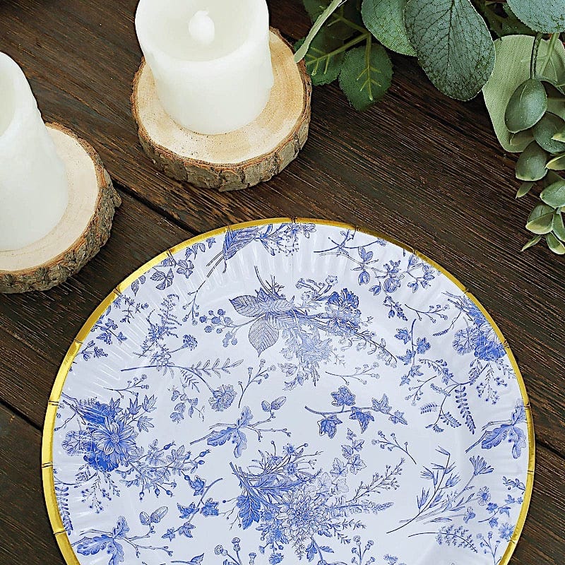 25 Blue Floral Round Paper Plates with Gold Rim - Disposable Tableware