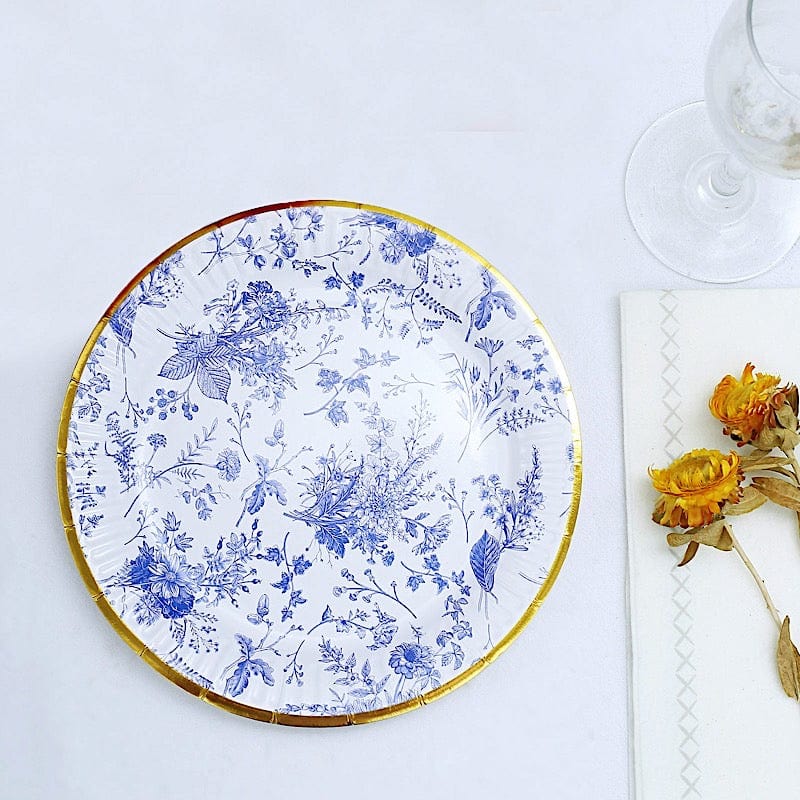 25 Blue Floral Round Paper Plates with Gold Rim - Disposable Tableware