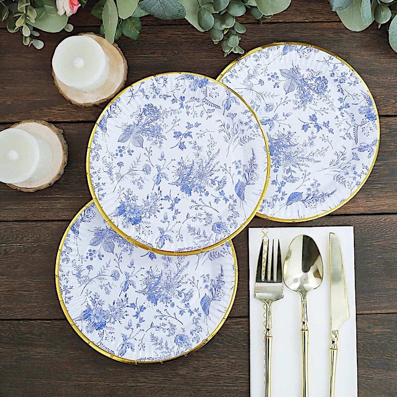 25 Blue Floral Round Paper Plates with Gold Rim - Disposable Tableware